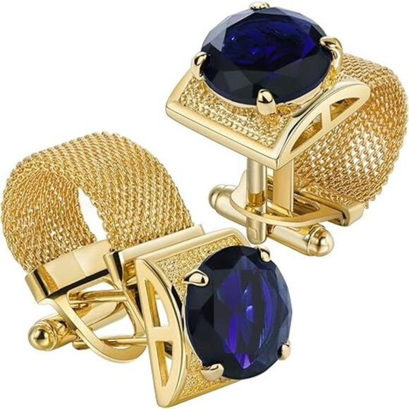 Mens Cufflinks with Chain - Stone and Shiny Gold Tone Shirt Accessories - Picture 7 of 7